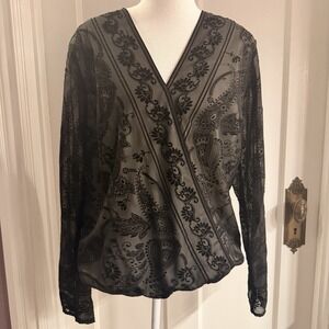 ADIVA Black Velvet Paisley Burnout Sheer Faux Wrap Blouse Womens Large